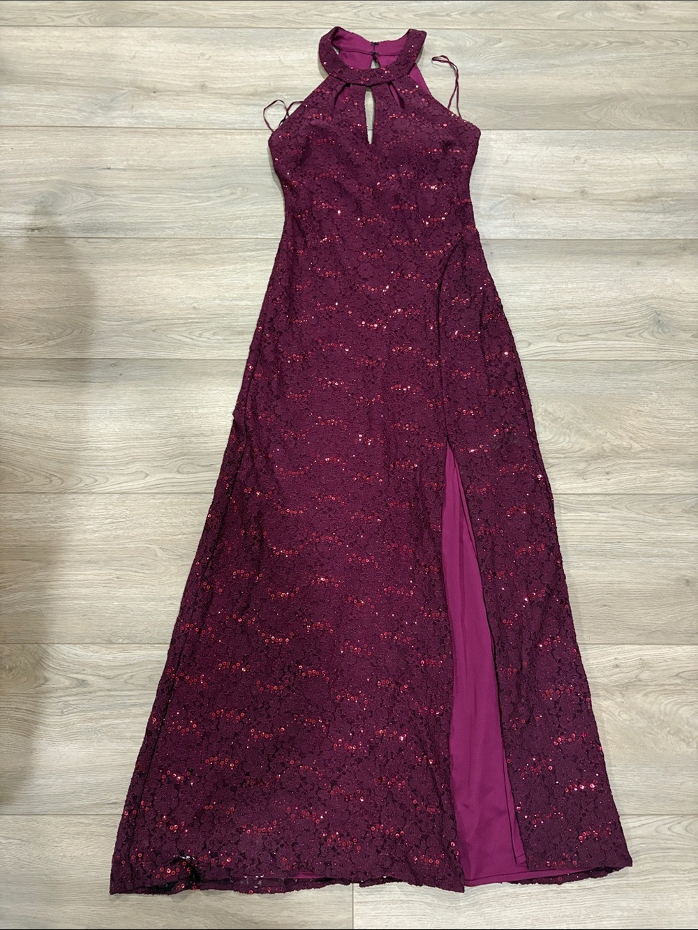 Morgan & Co. Wine Sequin Lace Halter Maxi Gown